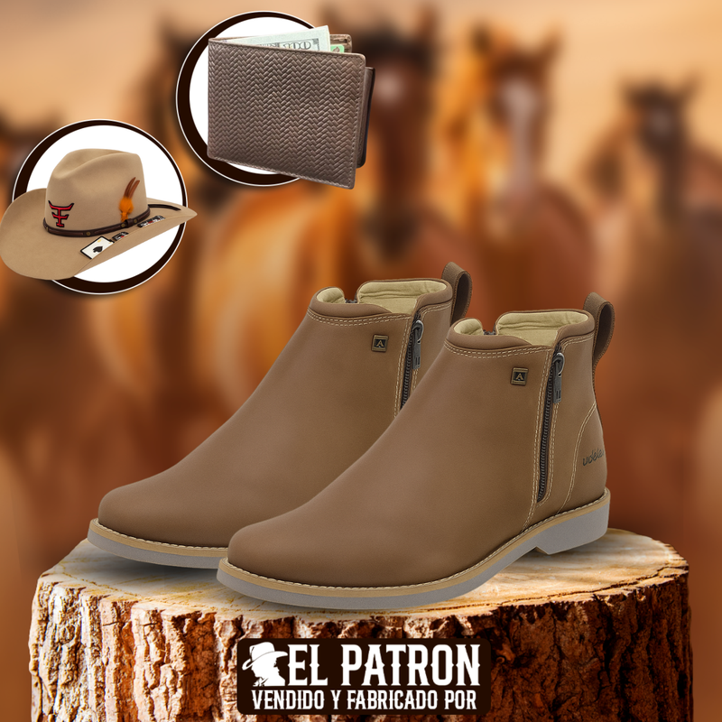Kit Bota Zavu de Cuero Legítimo con Plantilla Ortopédica +REGALOS: Sombrero y Billetera