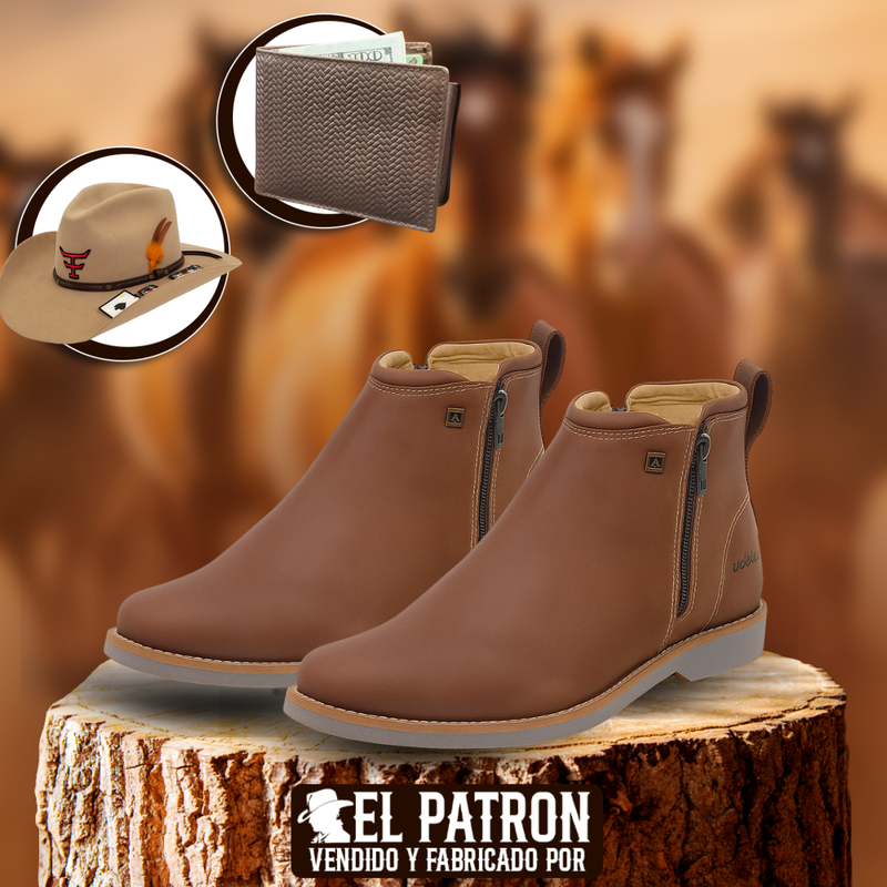 Kit Bota Zavu de Cuero Legítimo con Plantilla Ortopédica +REGALOS: Sombrero y Billetera