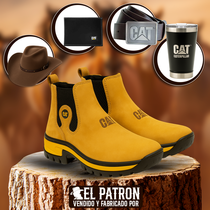 Kit Bota Adventure de Cuero Legítimo con Plantilla Ortopédica y Suela Antideslizante +REGALOS: Vaso Térmico, Sombrero, Cinturón y Billetera