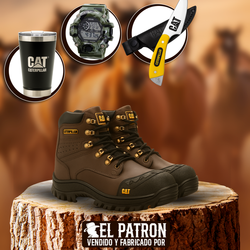Kit Bota Toro de Cuero Legítimo con Plantilla Ortopédica y Punta de Acero +REGALOS: Vaso Térmico, Cuchillo con Funda y Reloj Táctico