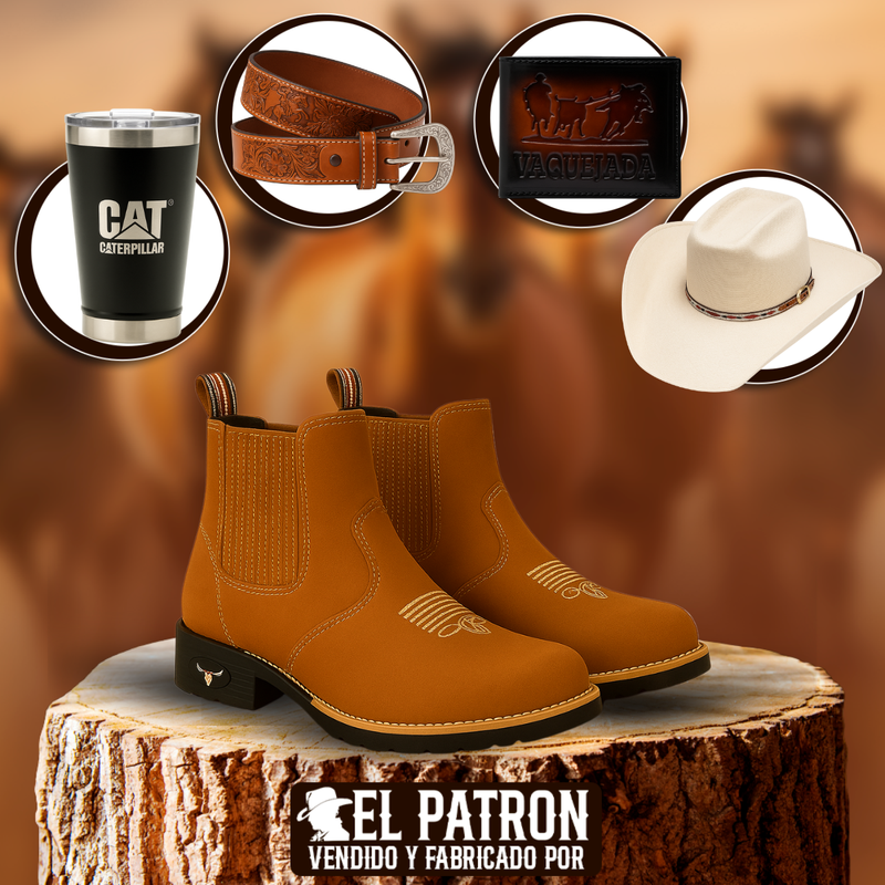 Kit Bota Patrón de Cuero Legítimo con Plantilla Ortopédica +REGALOS: Sombrero, Billetera, Cinturón, Cuchillo y Vaso Térmico
