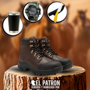 Kit Bota Toro de Cuero Legítimo con Plantilla Ortopédica y Punta de Acero +REGALOS: Vaso Térmico, Cuchillo con Funda y Reloj Táctico