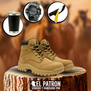 Kit Bota Toro de Cuero Legítimo con Plantilla Ortopédica y Punta de Acero +REGALOS: Vaso Térmico, Cuchillo con Funda y Reloj Táctico