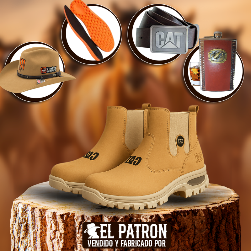 Kit Bota Leonor de Cuero Legítimo con Suela Antideslizante +REGALOS: Plantilla Ortopédica, Sombrero, Cinturón y Cantimplora