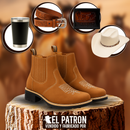 Kit Bota Patrón de Cuero Legítimo con Plantilla Ortopédica +REGALOS: Sombrero, Billetera, Cinturón, Cuchillo y Vaso Térmico